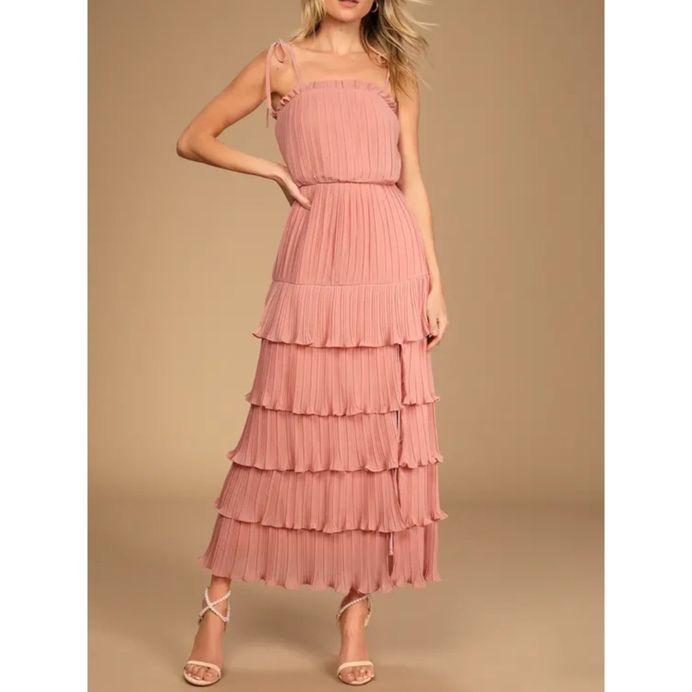 Lulus Playing Cupid Pink Pleated Tiered Ruffled Tie-Strap Maxi Dress XL